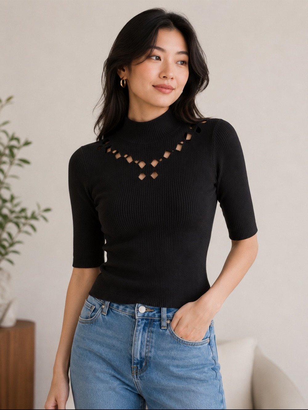 New Ted Baker Black Ribbed knit Top with Cutout Details. 2
